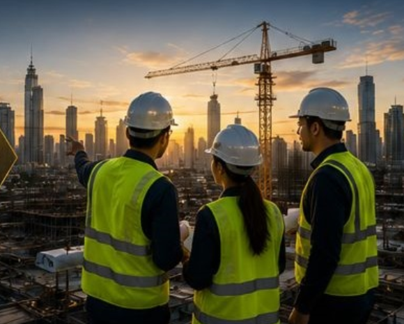 Construction skyline with sunset